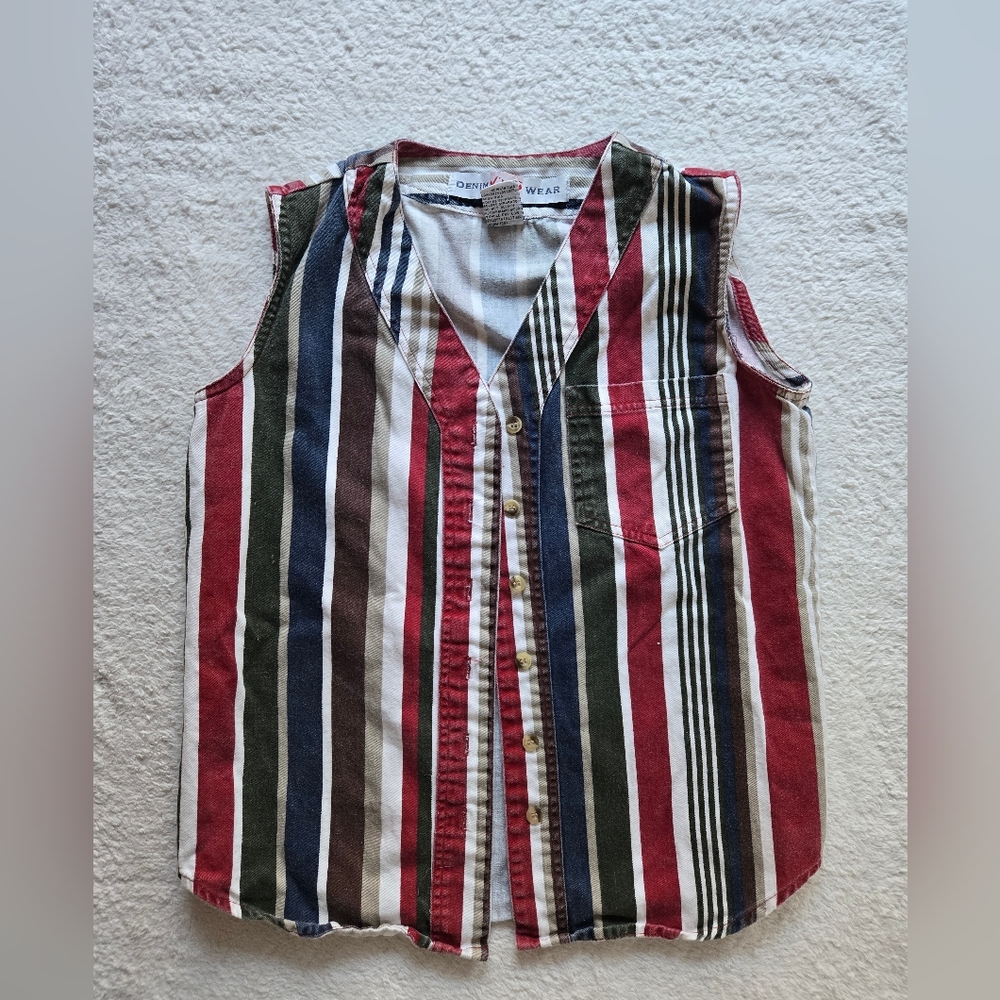 Vintage 90s Denim Kikomo Wear Women's Striped Button-Up Western Vest sz M